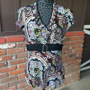 GNW Multi Color Ruffle V-Neck Paisley Blouse  - Size Medium